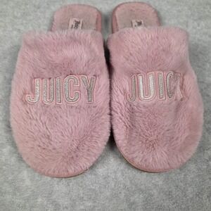 Juicy Couture Slippers Womens Size 9.5 Pink Faux Fur Mule Slide JUICY Logo